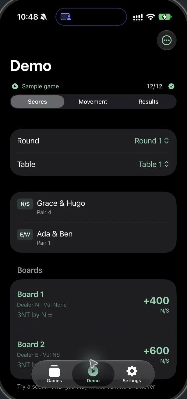 An actual screen from the native BridgeClub Lite demo, with fictional pairs, rounds and scores.
